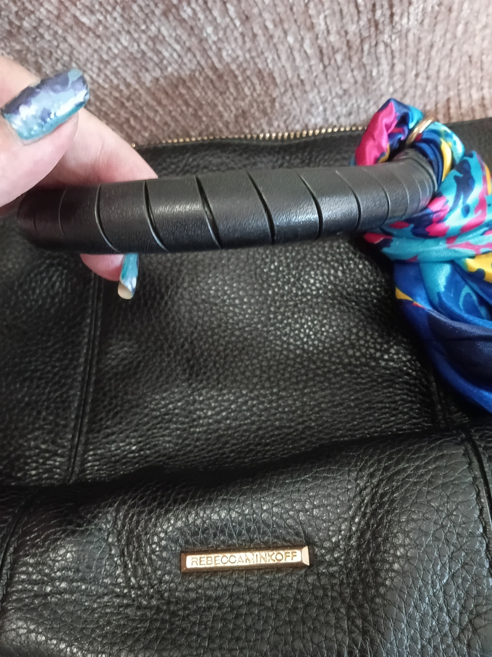 Rebecca Minkoff Black Pebbled Leather Satchel with Blue Multi-Color Scarf - Picture 14 of 16